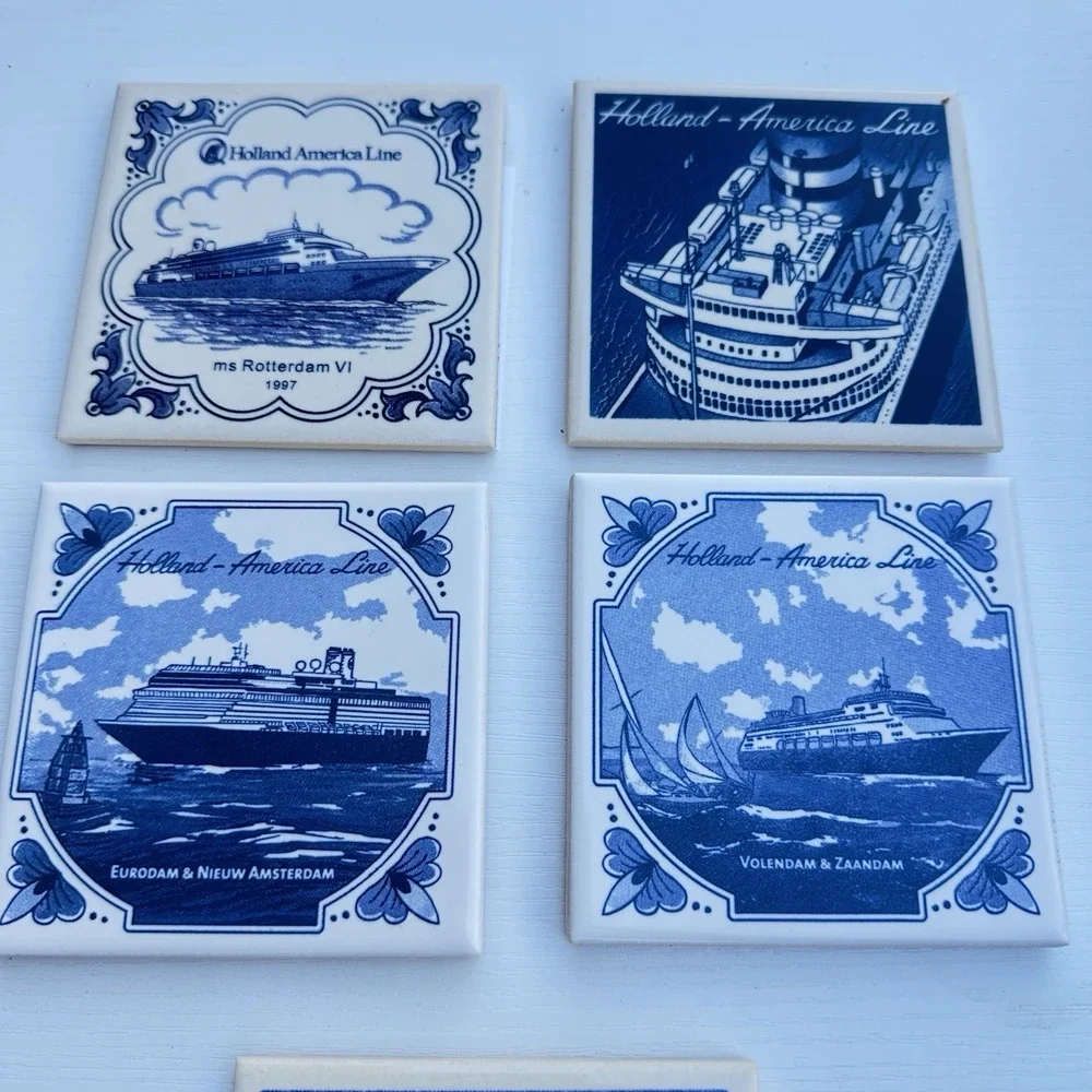 Set of 5 HOLLAND-AMERICA Cruise Delft Blue White Tile Coaster Set‎ NEW w COA